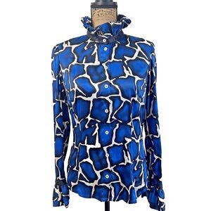 ETCETERA Women's Royal Blue Animal Print Silk Ruffled Neck/Cuffs Top Blouse Sz 4